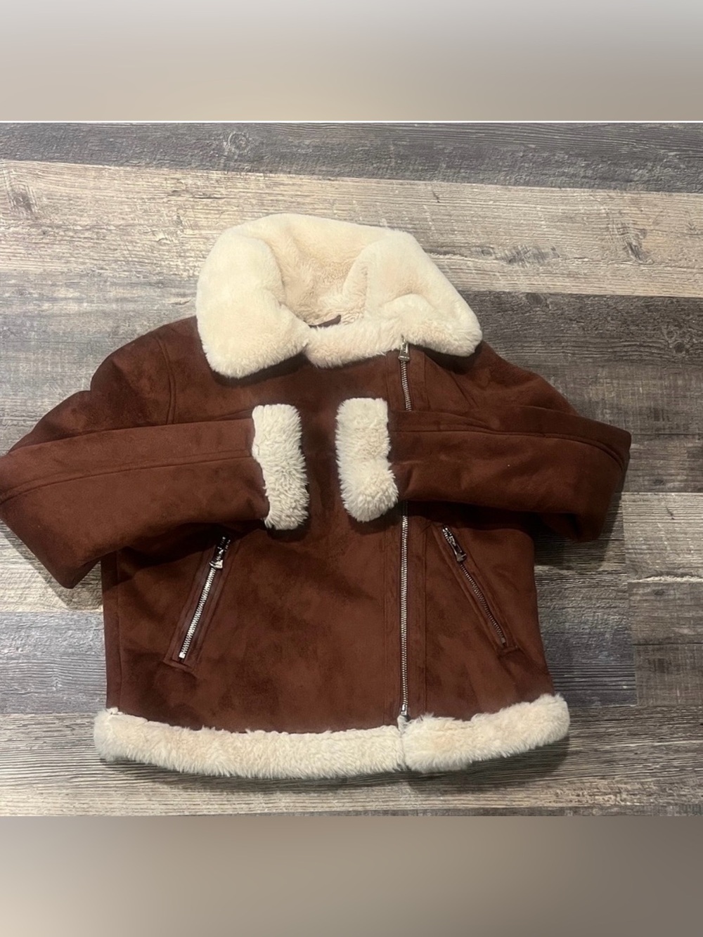 Woman’s Brown Faux Shearling Jacket with Cream Trim